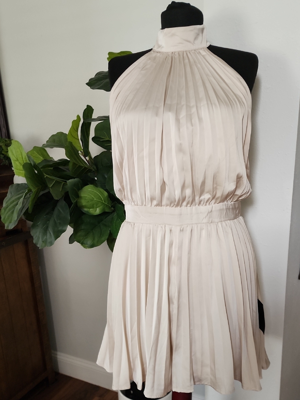 Lulu's Pleated Halter Romper in Cream / Champagne Color.